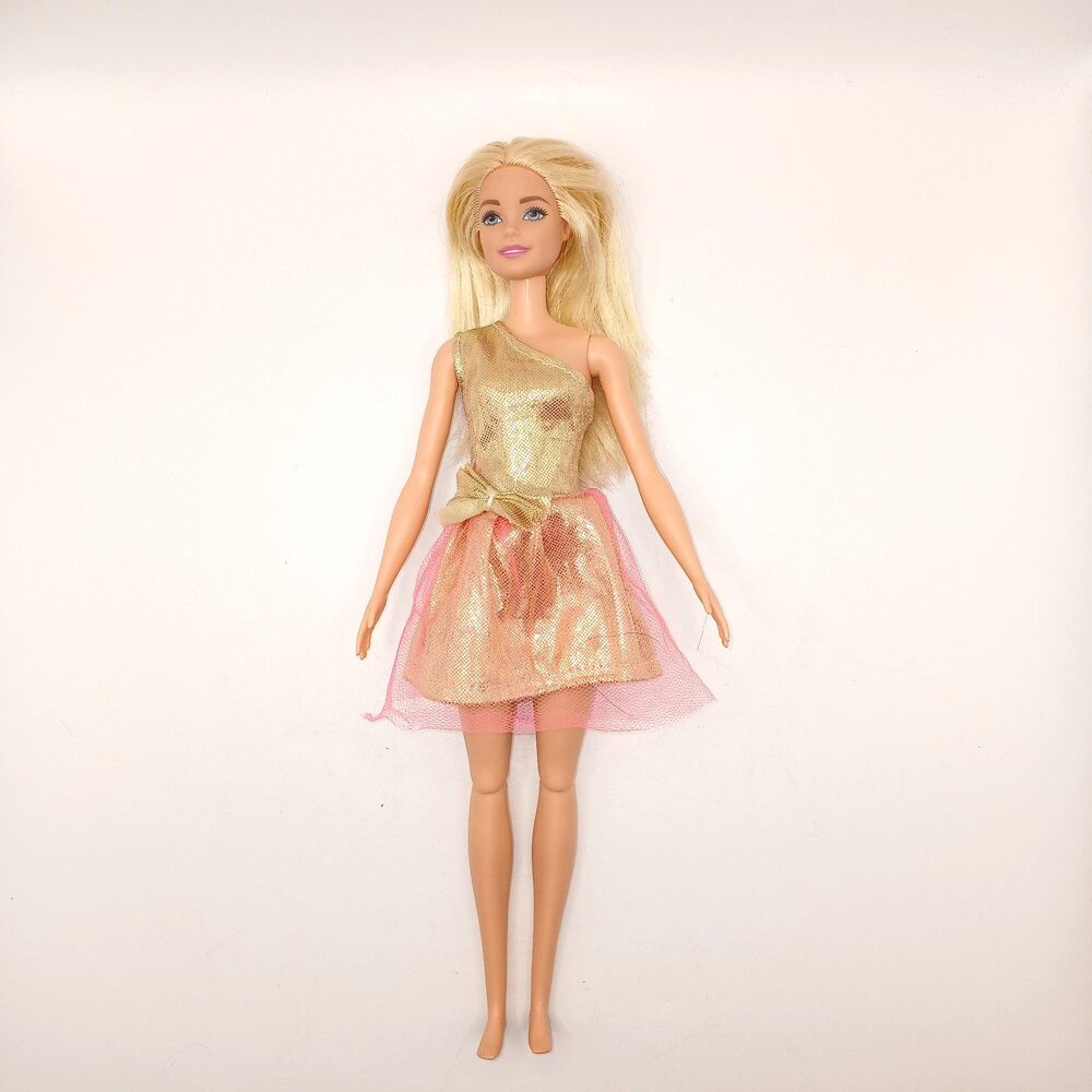 Barbie Doll 2015 Blonde Articulated Knees Flat Feet Wearing Gold & Pink Dress